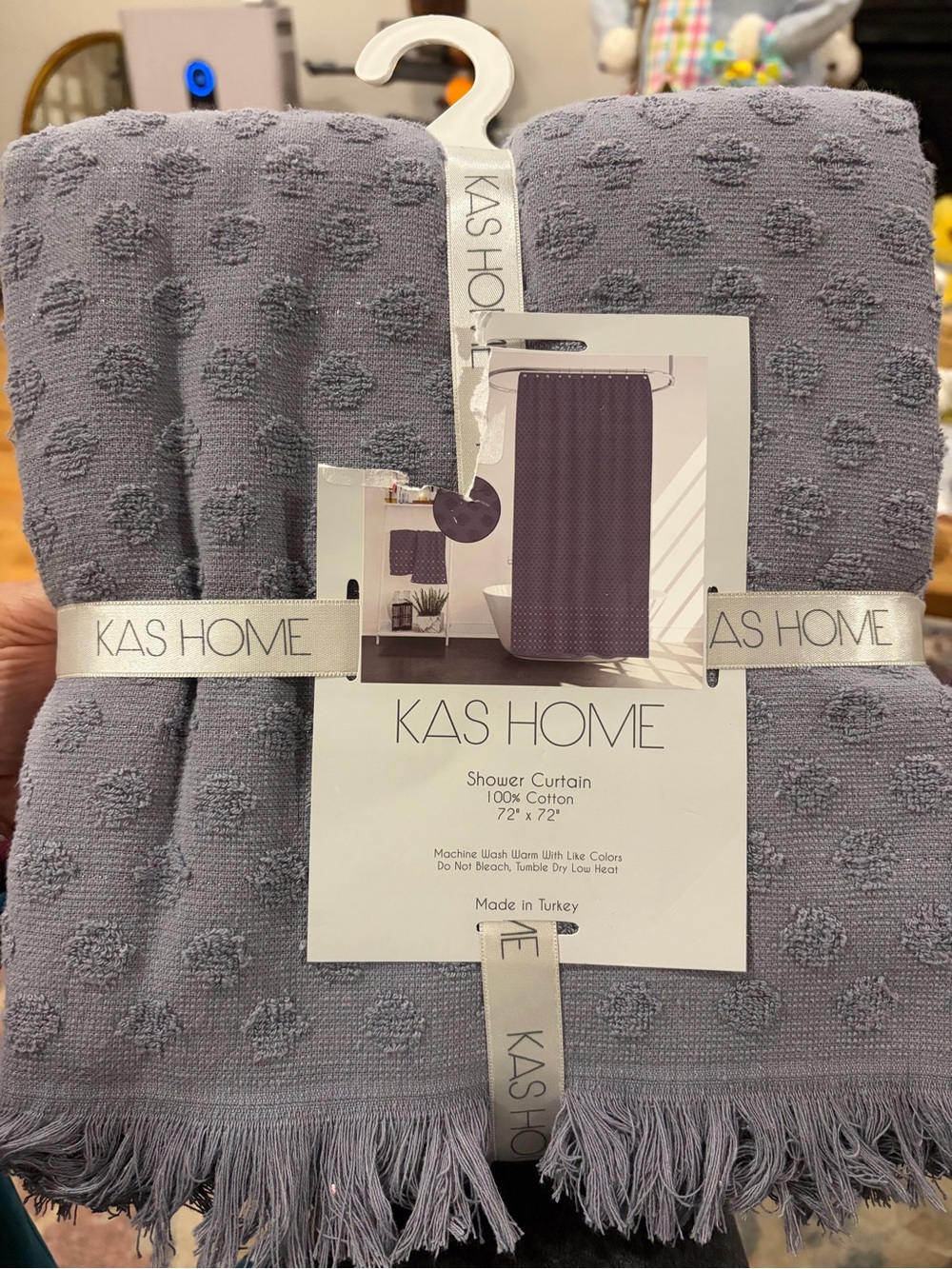 Gray Cotton Textured Shower Curtain - Dot Pattern silver threads